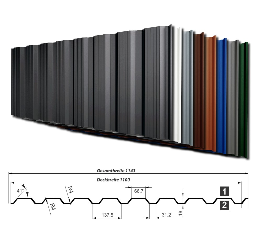 Trapezblech als Wandblech im Profil T-18DRW - Nutzbreite 1100 mm - Profilhöhe 18 mm - ideal als Wandverkleidung - hier in neun Farben